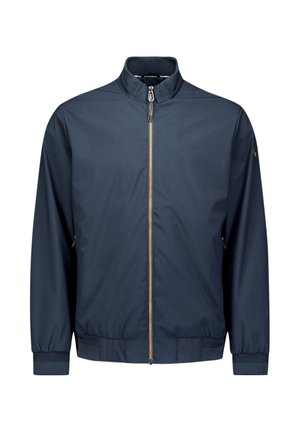 Navy blue zip-up jacket with stand collar, elastic cuffs and hem, and zippered side pockets, displayed on white background.