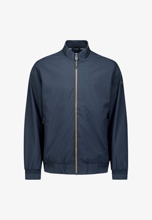 Navy blue zip-up jacket with stand collar, elastic cuffs and hem, and zippered side pockets, displayed on white background.