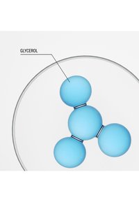 Représentation moléculaire bleue du glycérol, composée de trois composants sphériques reliés par de fines lignes, sur un fond blanc.