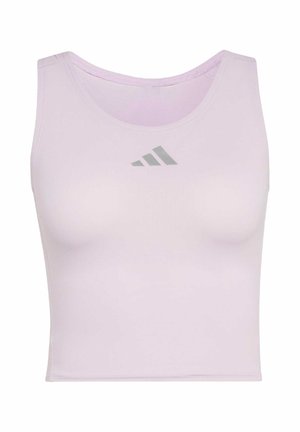 Top corto color lilla chiaro realizzato in materiale liscio ed elastico, con scollo rotondo e piccolo logo grigio sul petto.