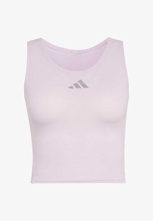 Hellviolettes, kurzes Tanktop aus glattem, dehnbarem Material mit rundem Ausschnitt und kleinem grauem Logo auf der Brust.