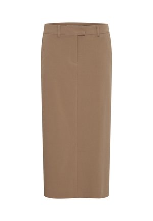 Gonna a matita marrone fino al ginocchio realizzata in tessuto morbido, con vita aderente, passanti per cintura e un design semplice ed elegante.