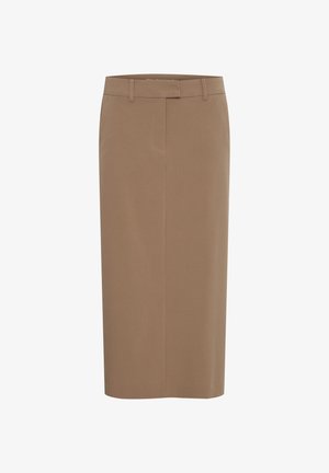 Jupe crayon marron mi-longue en tissu lisse, dotée d'une taille ajustée, de passants de ceinture et d'un design simple et épuré.