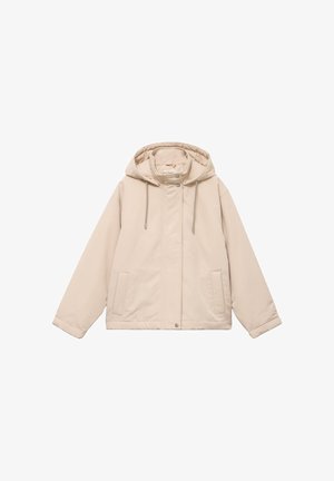 Beige jas met capuchon, voorzien van een knoopsluiting aan de voorkant, twee zijzakken en verstelbare trekkoorden. Glad stof met een ontspannen pasvorm.