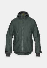 Chaqueta verde oscuro con capucha, cremallera frontal, dos grandes bolsillos y detalles en negro. Presenta un tejido texturizado y puños reforzados.