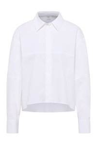 Hvid cropped skjorte med klassisk krave, knaplukning foran og lange ærmer, der har en glat tekstur og minimalisk design.