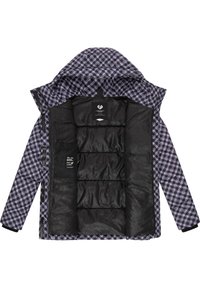 Lila och svart houndstooth-mönstrad jacka med huva, med ett svart innerfoder och vadderade sektioner. Dragkedja framtill och vid ärmkanterna.