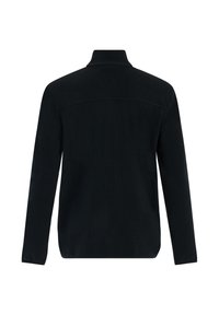 Giacca in fleece nera a maniche lunghe con colletto alto mostrata di schiena su sfondo bianco.