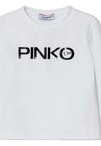 Maglietta a maniche lunghe bianca in cotone, con un logo stampato nero "PINKO UP" sul davanti in una tipografia grassetto e moderna.