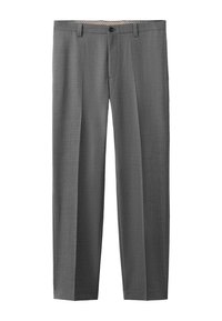 Pantalones de vestir para hombre hechos a medida en color gris, con trabillas para cinturón y cierre de botón, mostrados sobre un fondo blanco.