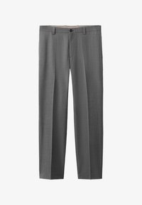 Pantalones de vestir para hombre hechos a medida en color gris, con trabillas para cinturón y cierre de botón, mostrados sobre un fondo blanco.