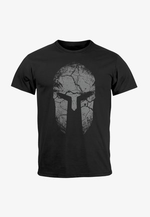 Schwarzes T-Shirt aus Baumwolle mit einem rissigen grauen Spartanhelmen-Grafik, die zentral auf der Vorderseite ist. Kurze Ärmel und standard Rundhalsausschnitt.