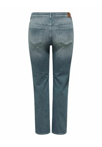 Svijetloplave traperice s izbleđenim završetkom, dizajnom s pet džepova i ravnim krojem. Sadrže smešnu kožnu etiketu na pojasu.