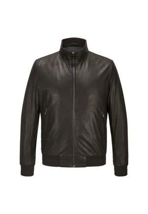 Schwarze Lederjacke mit hohem Kragen, Frontreißverschluss, zwei seitlichen Reißverschlusstaschen sowie gerippten Bündchen und Saum.