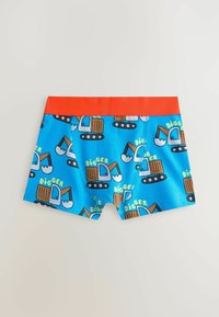 Boxers pour enfants bleus avec ceinture rouge, ornés d'un motif répété d'excavatrices dessin animé et du mot « DIGGER » en jaune.