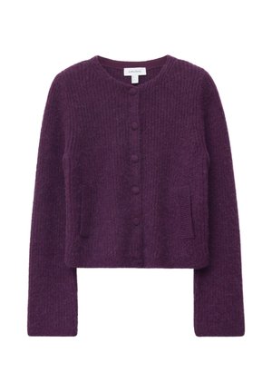 Gekürzter lila Pullover mit runder Halslinie, gerippter Textur, Knopfverschluss und zwei Vordertaschen. Weiches, gestricktes Material.