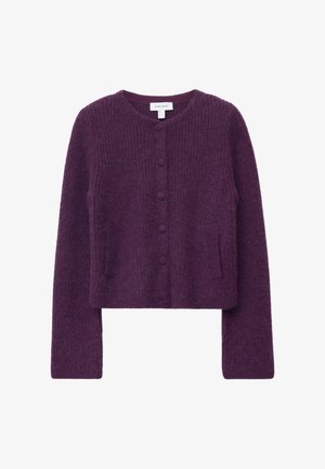 Gekürzter lila Pullover mit runder Halslinie, gerippter Textur, Knopfverschluss und zwei Vordertaschen. Weiches, gestricktes Material.