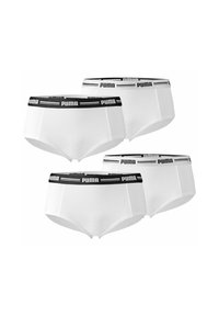 Vier weiße Slips mit schwarzen elastischen Taillenbündchen, die das Puma-Logo und doppelte horizontale Streifen tragen.