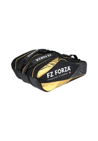 Musta ja kultainen urheilukassi, jossa on kolme osiota, FZ Forza -logo, kestävä materiaali ja tyylikäs muotoilu, jossa on kuviollisia korostuksia.