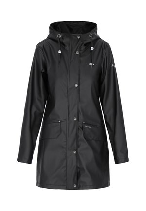 Fekete esőkabát kapucnival, elülső patentos gombokkal, húzózsinórokkal, két első zsebbel és kis esernyő logóval a mellkasi ujján.