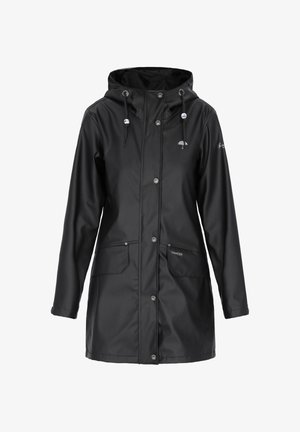 Fekete esőkabát kapucnival, elülső patentos gombokkal, húzózsinórokkal, két első zsebbel és kis esernyő logóval a mellkasi ujján.