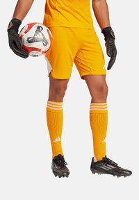 Oranje soccer doelmanuitrusting met zwarte handschoenen, gestreepte oranje sokken en zwarte voetbalschoenen. Bevat een patroon op het shirt en een kleurrijke bal.