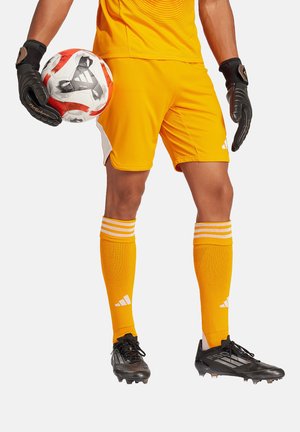 Oranje soccer doelmanuitrusting met zwarte handschoenen, gestreepte oranje sokken en zwarte voetbalschoenen. Bevat een patroon op het shirt en een kleurrijke bal.