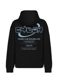 Black hoodie featuring a blue graphic text design on the back, stating "CYBER" and "TECHNO CLUB FEATURES LOVE" with a curved accent.