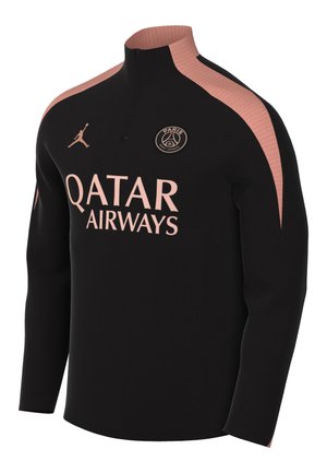 Veste de sport noire à demi-zip avec des accents roses sur les épaules, arborant un logo et le texte "QATAR AIRWAYS" en rose clair sur le devant.