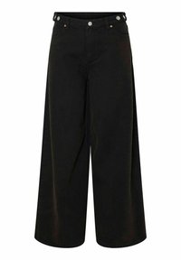 Svarta vida jeans med hög midja. Har två framfickor och en knappstängning med metalliska detaljer.