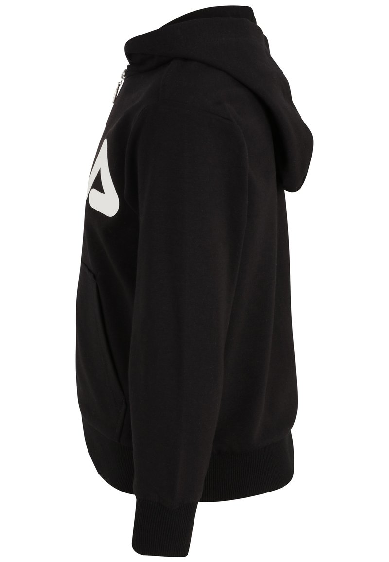 Czarna bluza z kapturem wykonana z mieszanki bawełny, z kieszenią z przodu i białym logo na piersi. Żebrowane mankiety i dół.