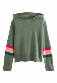 Felpa verde oliva realizzata in tessuto morbido, con una vestibilità rilassata. Strisce colorate in rosa, arancione e blu lungo le maniche.