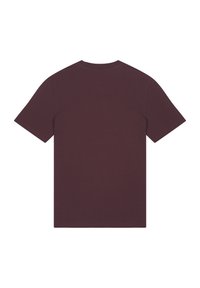 Burgunderfarbendes Baumwoll-T-Shirt mit Rundhalsausschnitt, kurzen Ärmeln und schlichtem Design, das eine glatte Textur aufweist und keine sichtbaren Muster oder Akzente hat.