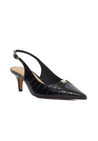 Black patent leather slingback pump with pointed toe, low kitten heel, and gold-tone buckle detail on front and ankle strap.