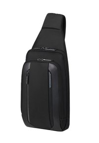 Borsa a tracolla nera in nylon resistente. Presenta più scomparti con zip e una tracolla imbottita per comfort.