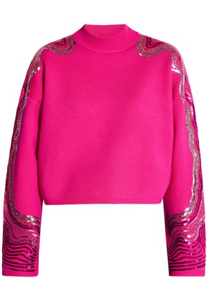 Maglione corto rosa realizzato in un tessuto a maglia liscia, con motivi a onde di paillettes argento lungo le maniche. Collo alto, vestibilità ampia.