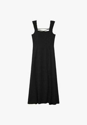 Schwarzes Kleid mit einem quadratischen Ausschnitt, voluminösen Trägern und Schlitzen an den Seiten. Hergestellt aus strukturiertem Stoff, mit einem fließenden, knielangen Design.