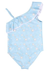 Costume da bagno monospalla in tessuto azzurro chiaro con un dettaglio arricciato, decorato con motivi di stelle dorate e bianche distribuiti su tutta la superficie.