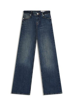 Tmavomodré džínsy s širokými nohavicami, klasickým päťvreckovým dizajnom, zapínaním na gombík a zips a jemným vyblednutím na predných stehnách.