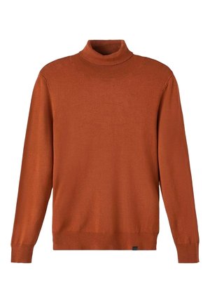 Rustfarvet langærmet rullekrave sweater med ribbet krave, manchetter og kant, vist fladt på en hvid baggrund.