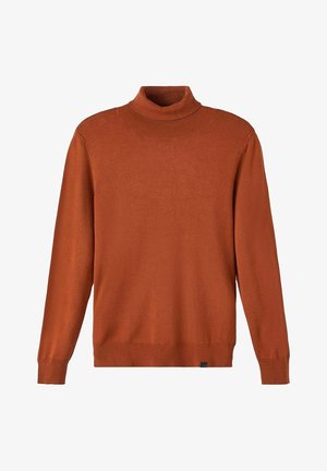 Pull col roulé à manches longues couleur orange rouille avec col, poignets et ourlet côtelés, présenté à plat sur un fond blanc.