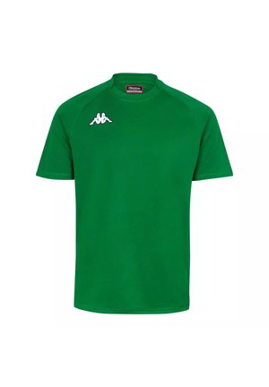 Camiseta deportiva verde de manga corta con cuello redondo y logo blanco de Kappa en la parte superior izquierda del pecho.