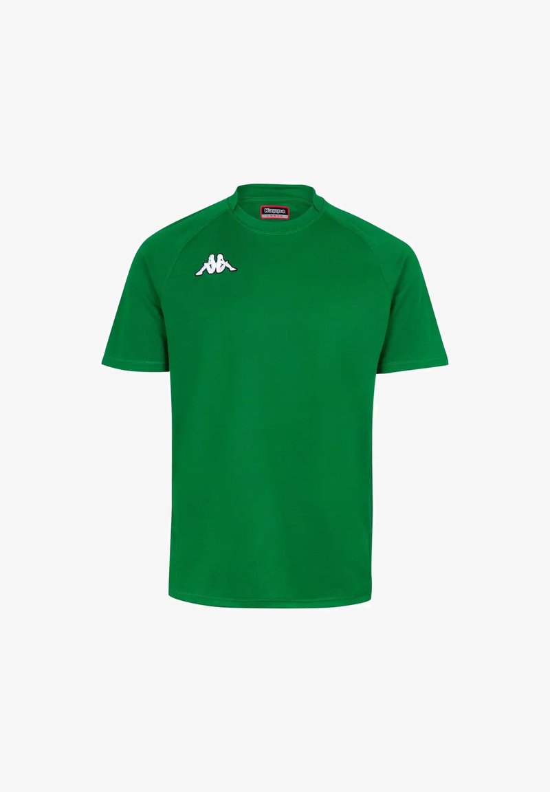 Camiseta deportiva verde de manga corta con cuello redondo y logo blanco de Kappa en la parte superior izquierda del pecho.