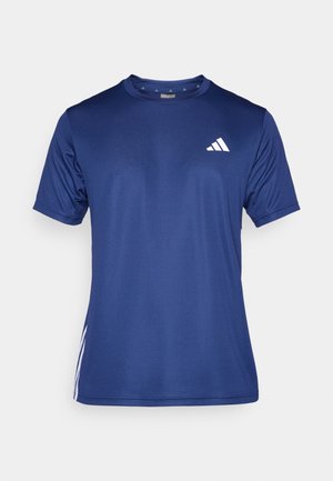 Tumesinine lühikeste varrukatega sportlik t-särk, valmistatud niiskust imavast kangast, rinnal valge kolmestriibuline logodetail.