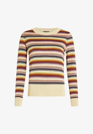 Pull rayé avec des lignes horizontales multicolores en rouge, vert, jaune et bleu, avec un col et un ourlet crème. Tissu tricoté texturé.