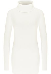Witte turtleneck trui van zacht breimateriaal, met lange mouwen, geribbelde accenten bij de kraag en manchetten, en een slim fit ontwerp.