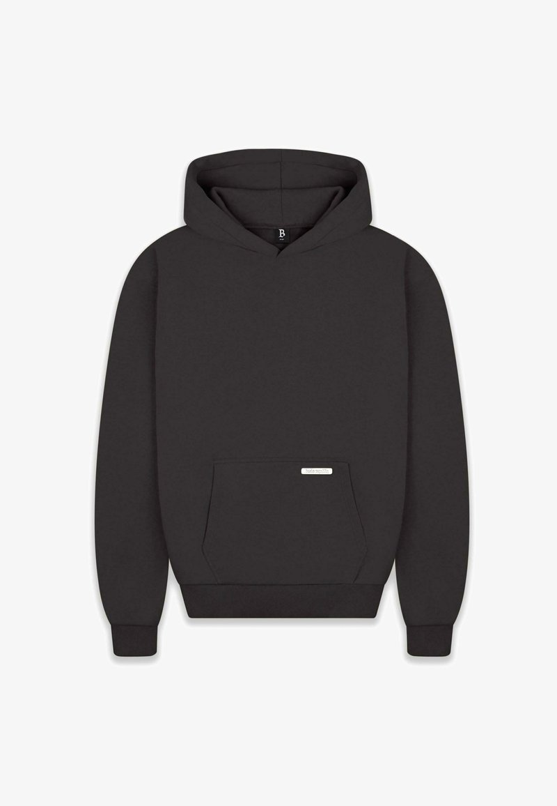 Sort sweatshirt med hætte, frontlomme, ribbede manchetter og kant. Lavet af blødt stof med et mærke på lommen. Minimalistisk design.