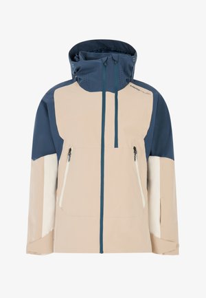 Beige en marineblauwe waterdichte jas met een hoge kraag, verstelbare capuchon, twee ritszakken en contrasterende kleurvlakken.