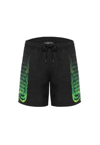 Costume da bagno neri con elastico in vita, caratterizzati da una grafica a gradiente verde lungo il lato. Realizzati in materiale leggero e ad asciugatura rapida.