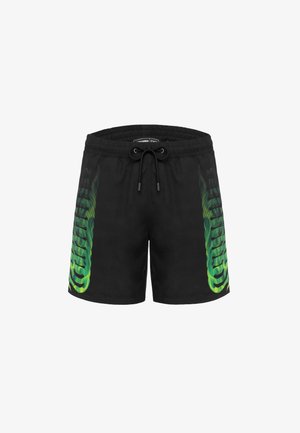 Costume da bagno neri con elastico in vita, caratterizzati da una grafica a gradiente verde lungo il lato. Realizzati in materiale leggero e ad asciugatura rapida.